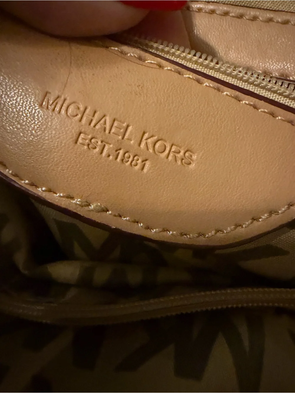 Michael Kors Beige Logo Tote with Tan Leather Straps and Gold Accents
